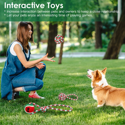 Set Of 5Pcs Christmas Dog Rope Chew Toys Dog Interactive Toys Set For Puppy Small Medium Aggressive Chewers Dogs Training Teething Playing