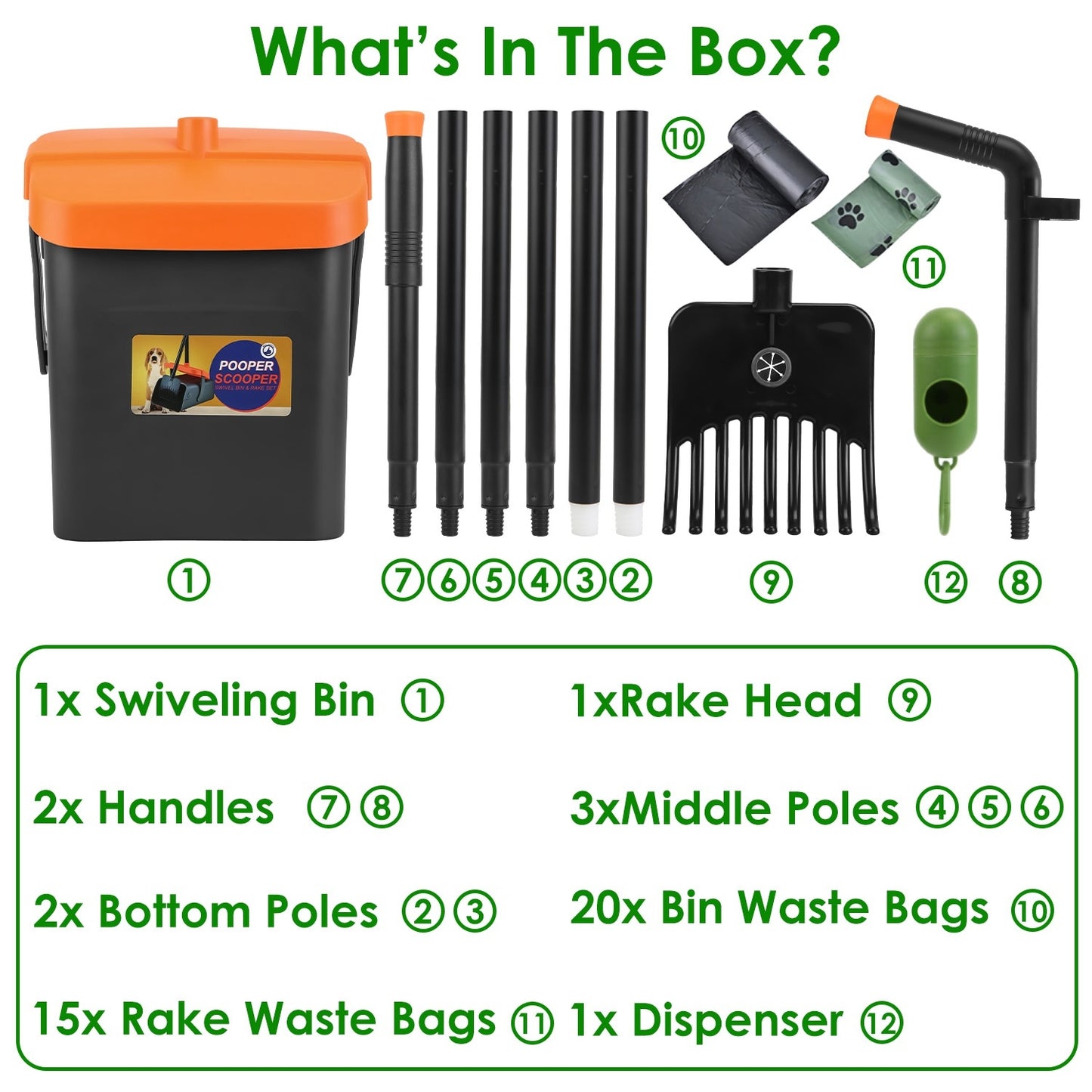 1Set Pooper Scooper Kit Dog Poop Rake & Swiveling Bin Poop Heavy Duty Pick Up Tool With Extra Long Handle 35 Waste Bags Dispenser